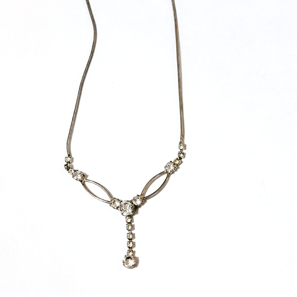 Rhinestone Bib Necklace, Silver-tone, Mid-Century Sparkly Drop Pendant wh03-30 - Picture 7 of 8